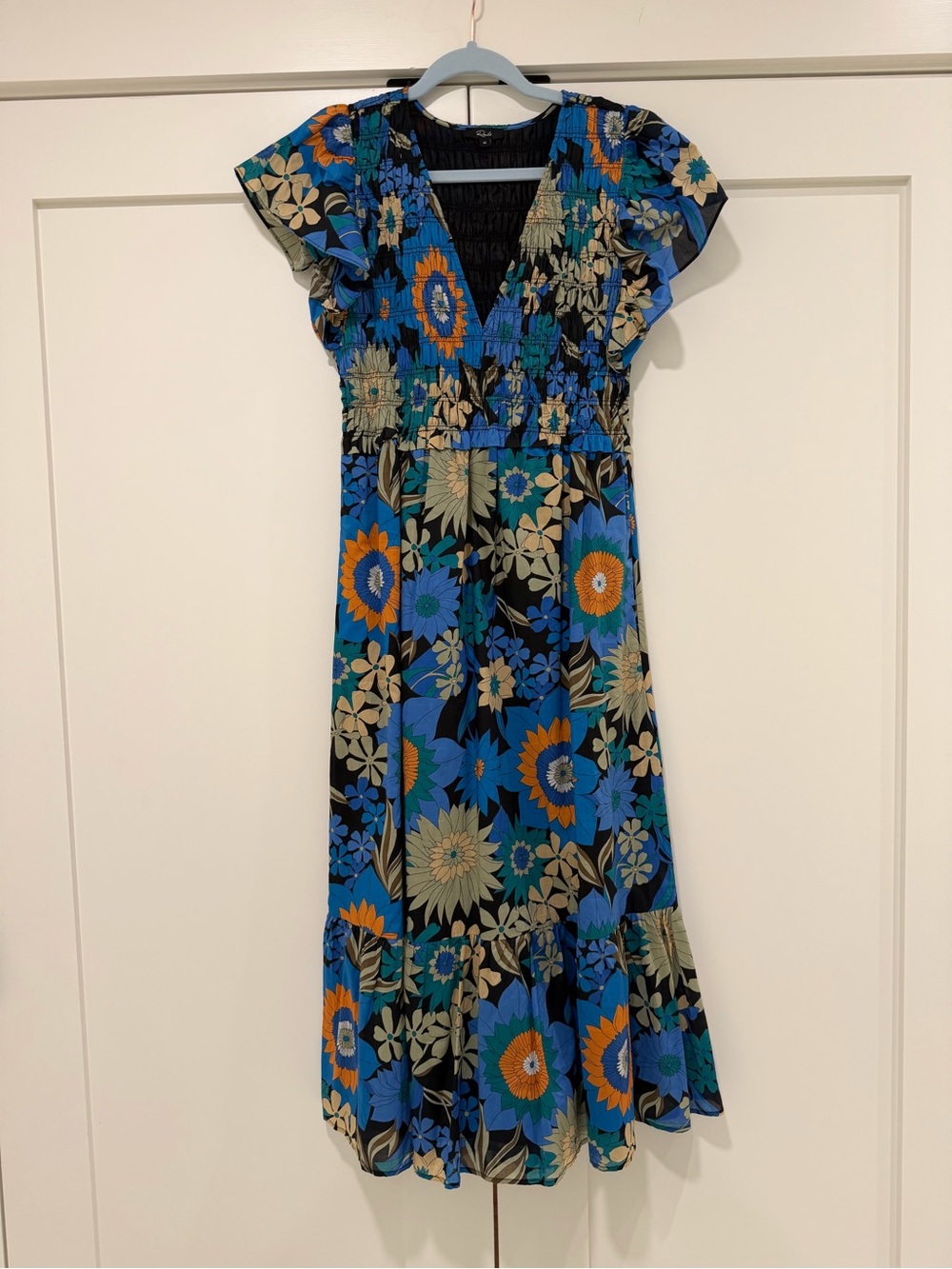 Rails Blue Floral Smocked Midi Dress | Flutter Sleeve V-Neck | Medium